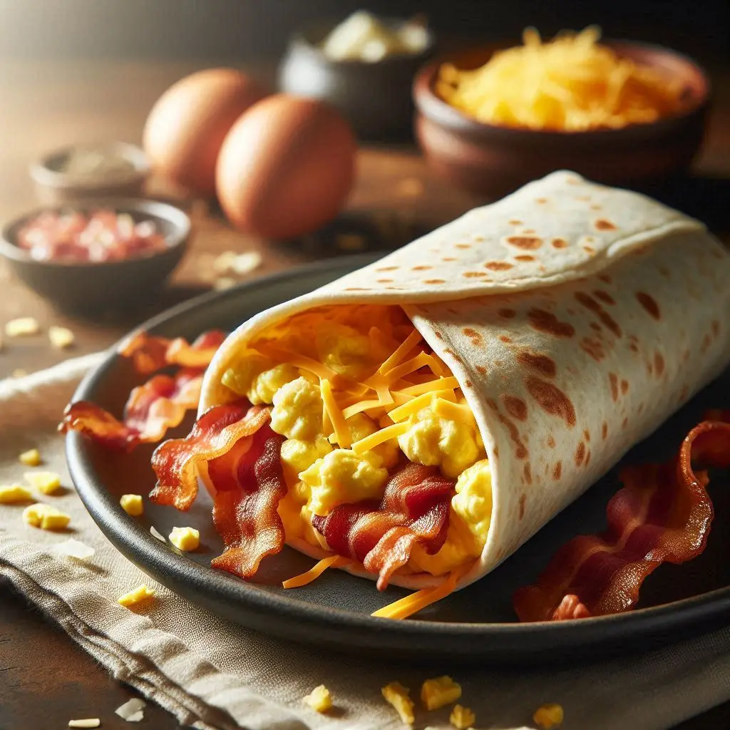 Keto ontbijtburrito met amandelwraps – snel en vullend amandelwrap met roerei, krokant spek en gesmolten kaas