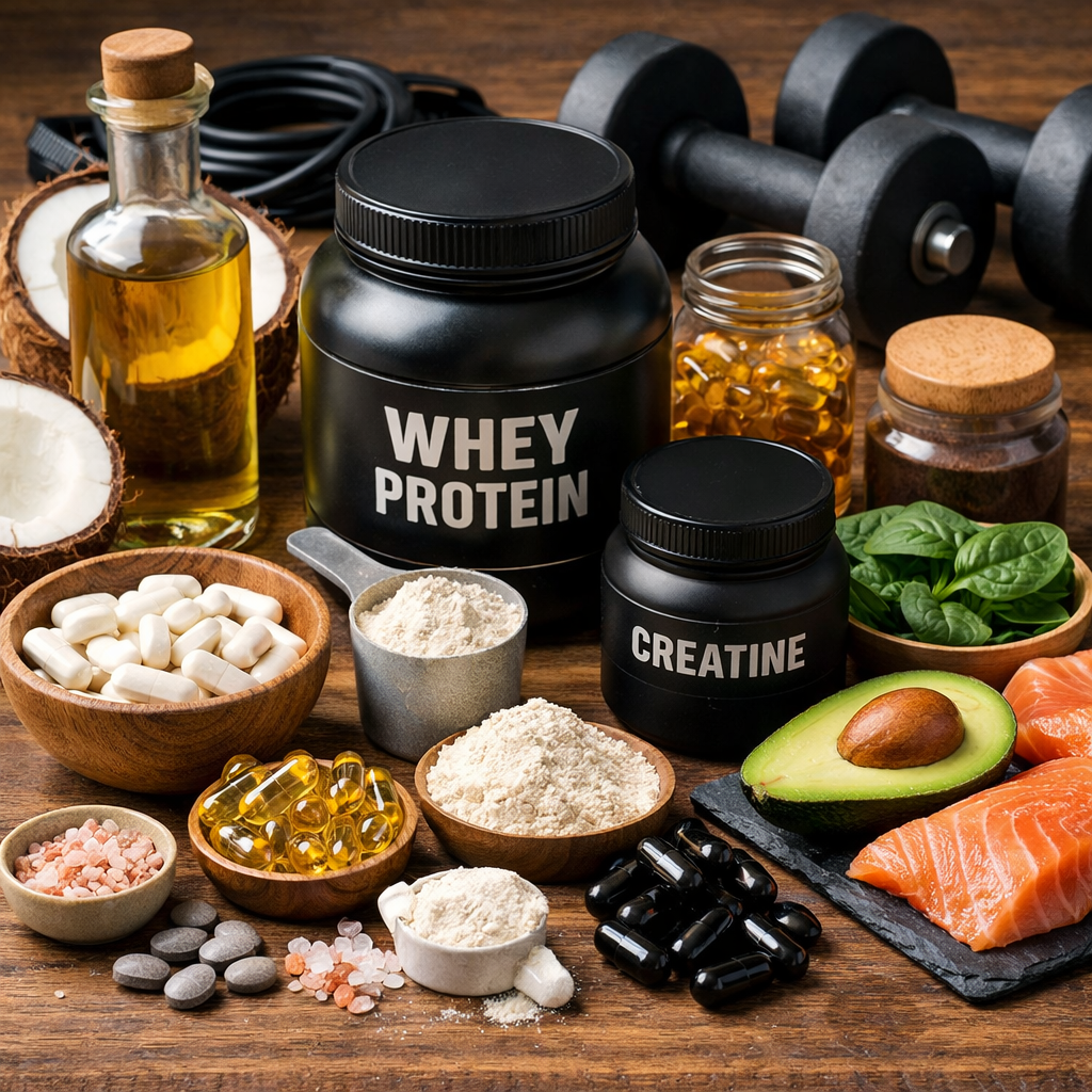 Keto supplementen voor fitness met whey protein, creatine, elektrolyten, MCT olie, omega-3 en keto voeding zoals avocado en zalm