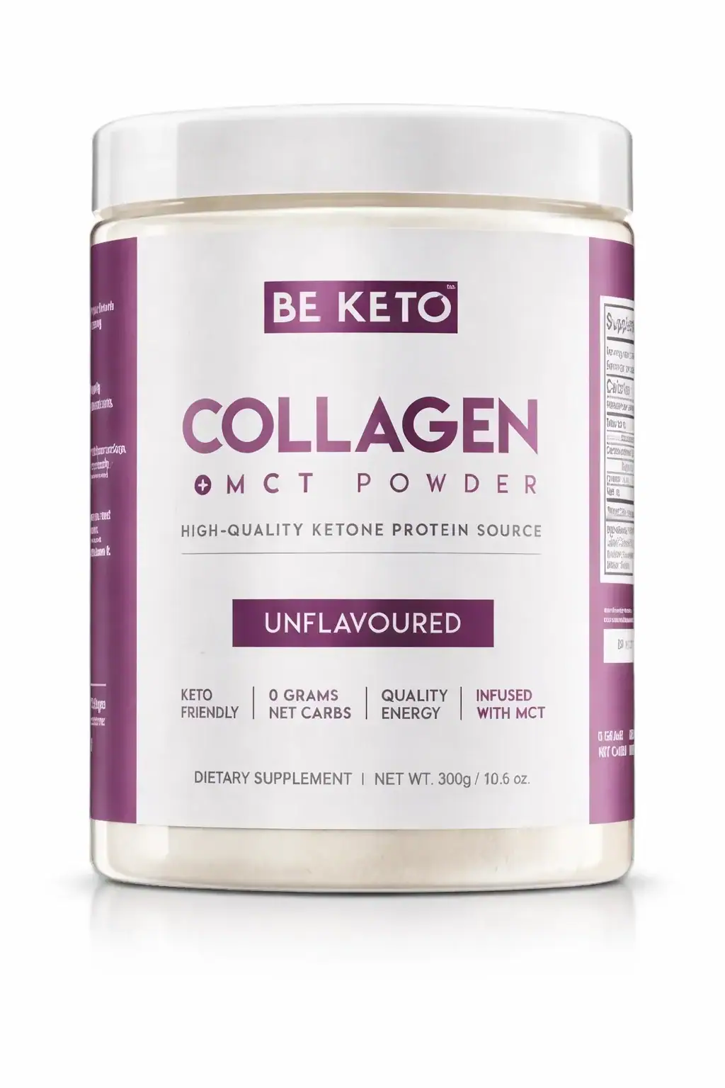 Be Keto Collagen + MCT poeder ongezoet op witte achtergrond met schaduw – keto collageen supplement zonder koolhydraten