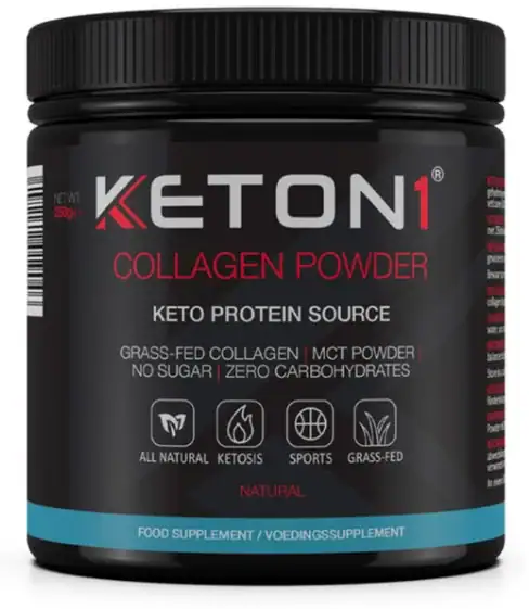 Keton1 Collagen Powder met MCT op witte achtergrond met subtiele schaduw – keto collageen supplement zonder suiker en koolhydraten